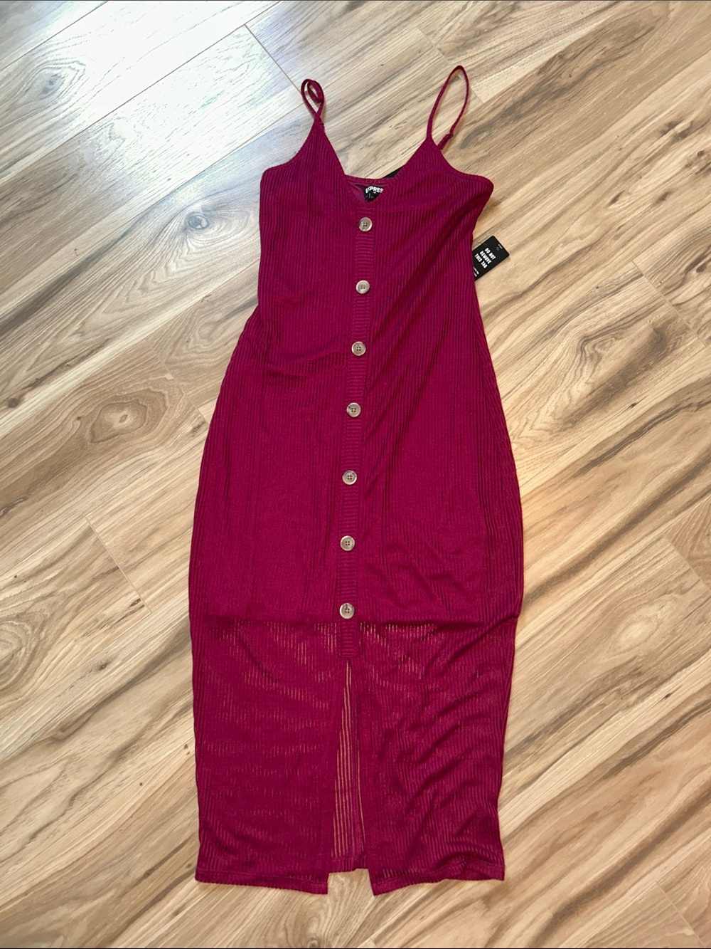 Express Berry-Red Ribbed Button-Front Midi Dress